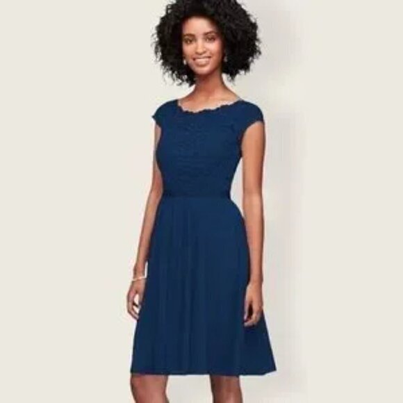 David’s Bridal Cap Sleeve and Lace Beloved Navy Short Dress Size 6 - Picture 1 of 8